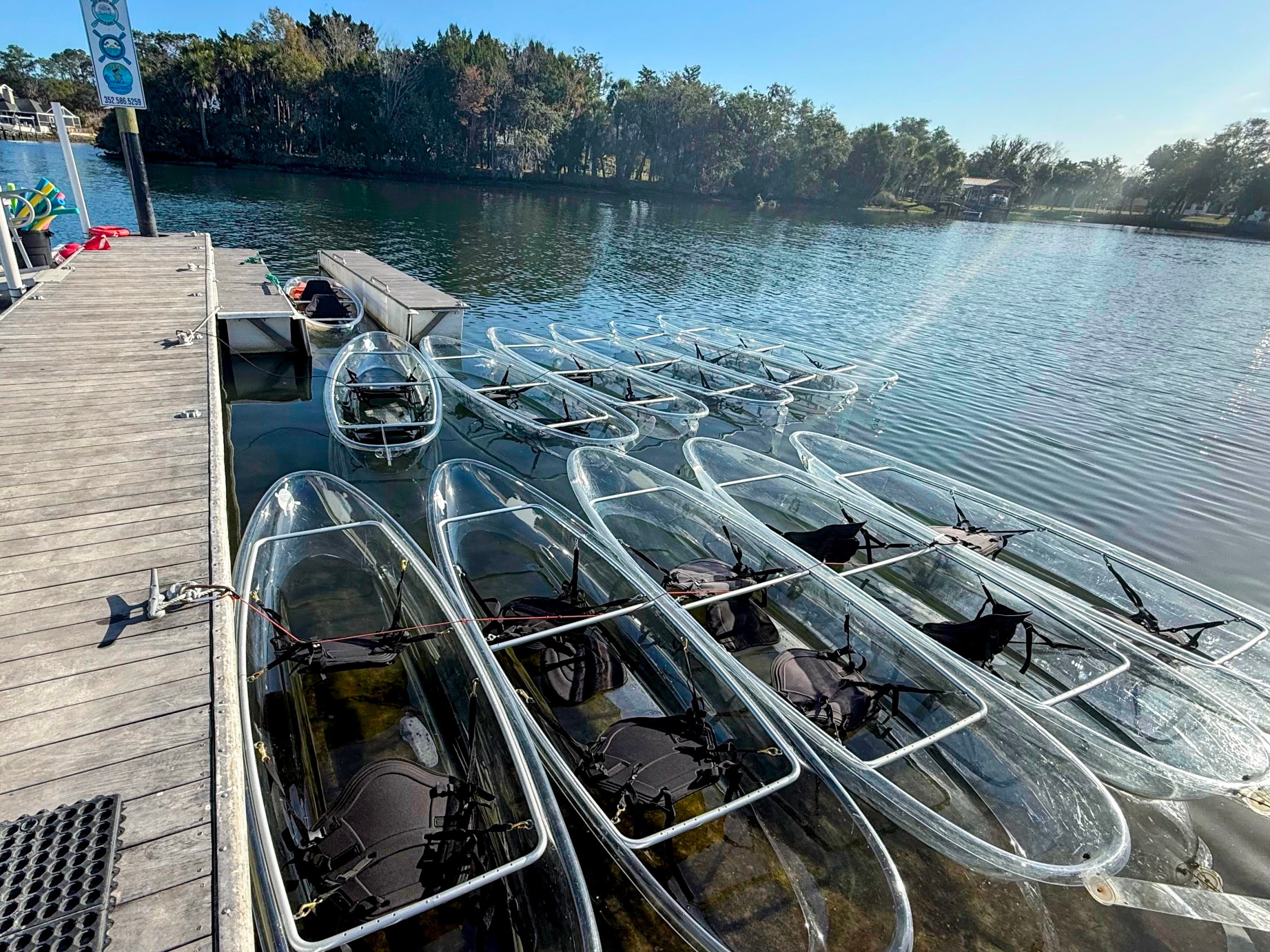 Clear kayaks are docked on a calm river next to a wooden pier.